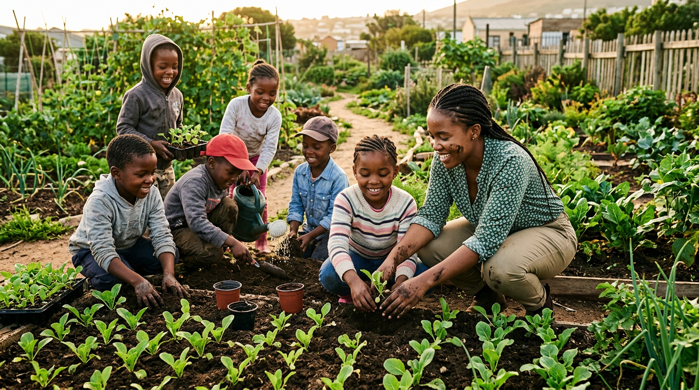 Children and a mentor planting together in a community garden