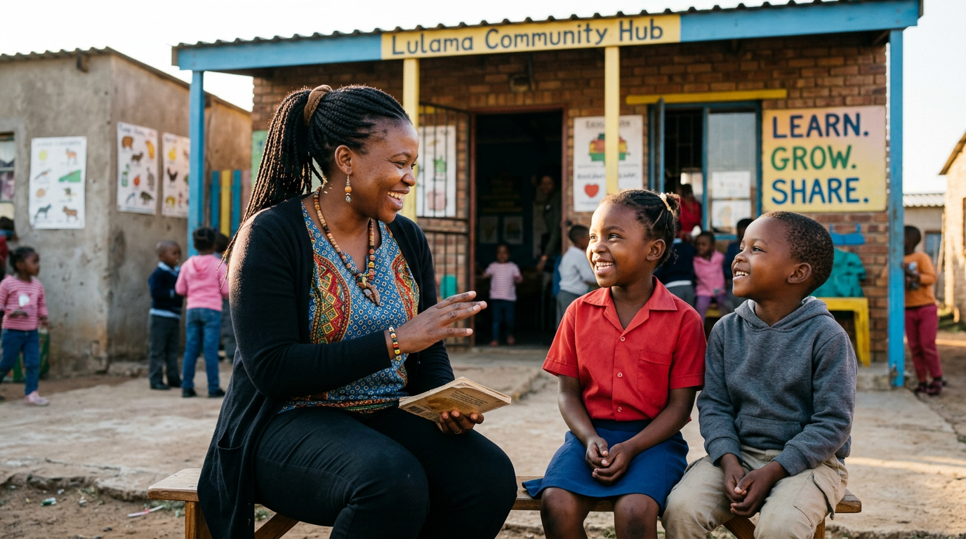 Community educator talking with children outside a learning center